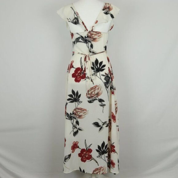Cupshe Long Beach Women's Small Cream & Red Floral Ruffled Crepe Midi Wrap Dress - Picture 3 of 8